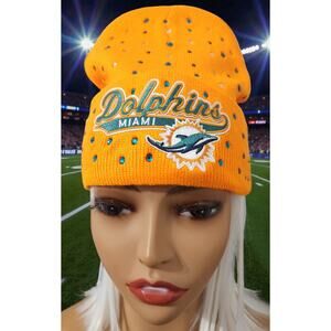 Miami Dolphins Beanie Orange design with logo, crystal & green rhinestones